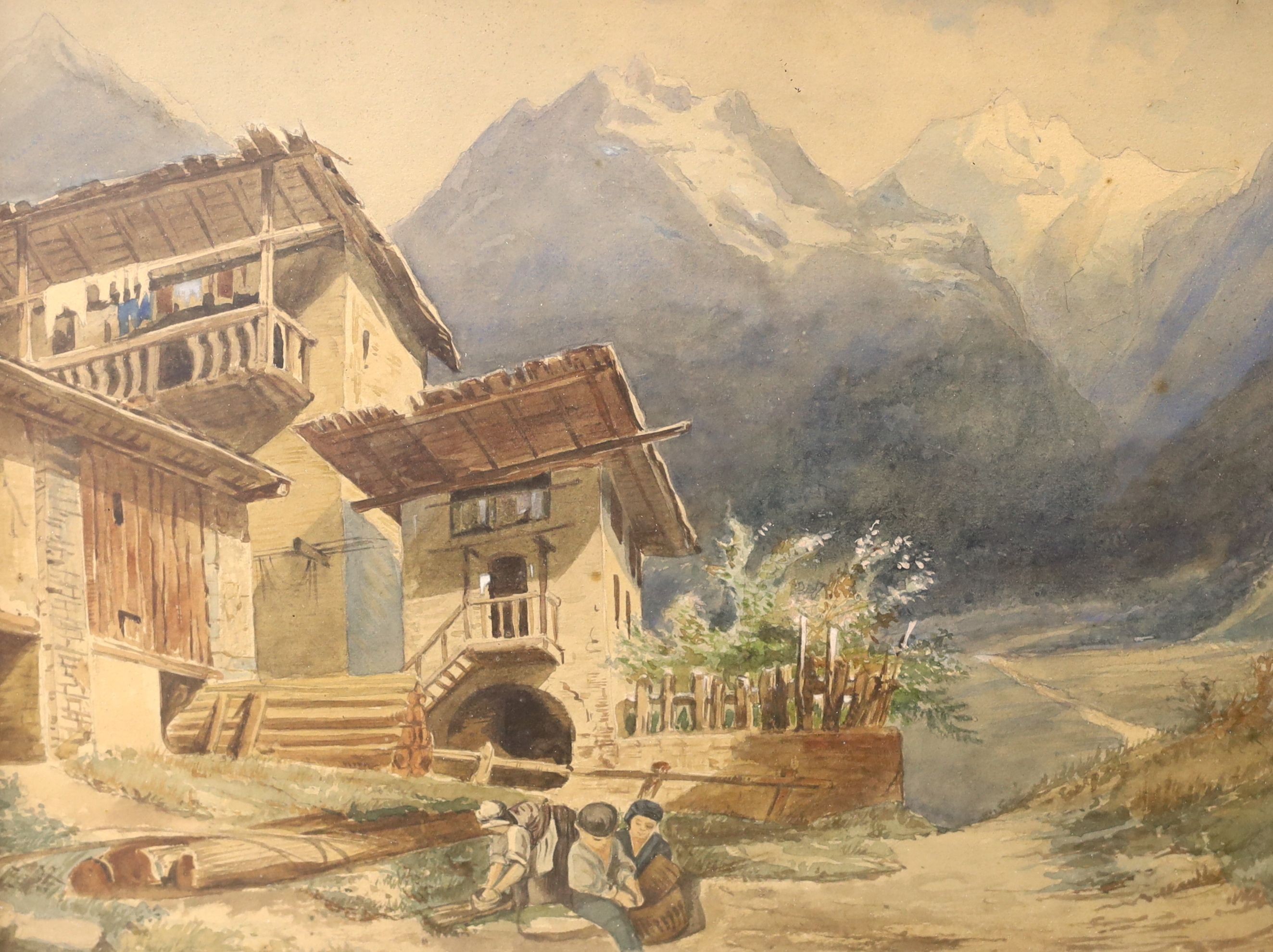 19th century Continental School, watercolour, Children beside alpine houses, 27 x 34cm